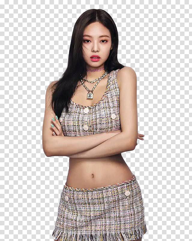 Kim Jennie, Jennie Kim wearing gray and brown plaid crop top and skirt transparent background PNG clipart