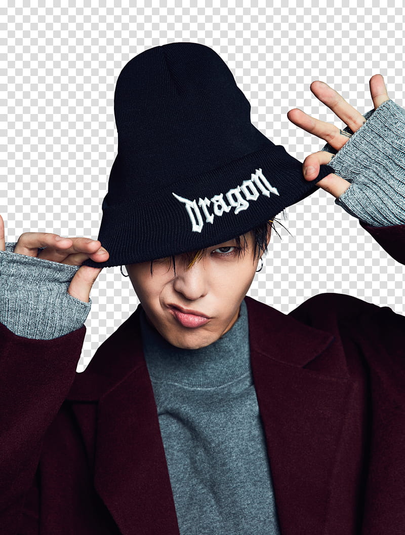 G DRAGON, man wearing dragon knit cap making face transparent background PNG clipart