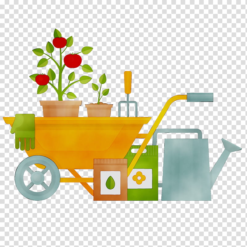 Wheelbarrow, Plastic, Cart, Yellow, Vehicle, Plant, Watering Can, Toy transparent background PNG clipart