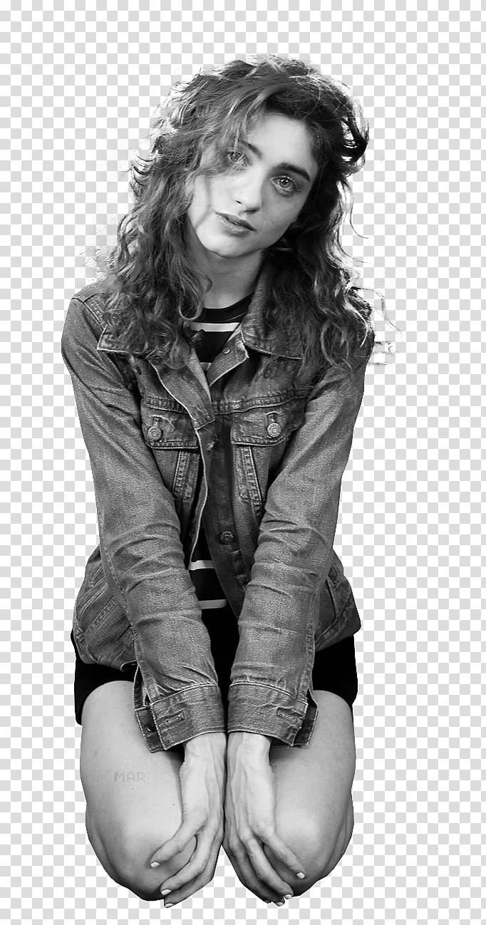 Natalia Dyer, woman in jacket kneeling transparent background PNG clipart