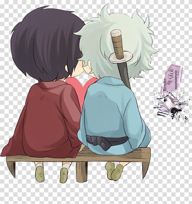 Renders Anime Chibi, two green and black haired animated characters sitting on wooden bench transparent background PNG clipart