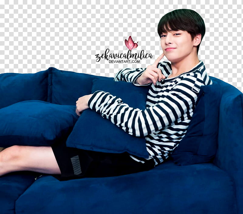 Stray Kids Two Kids Room, man sitting on blue sofa transparent background PNG clipart
