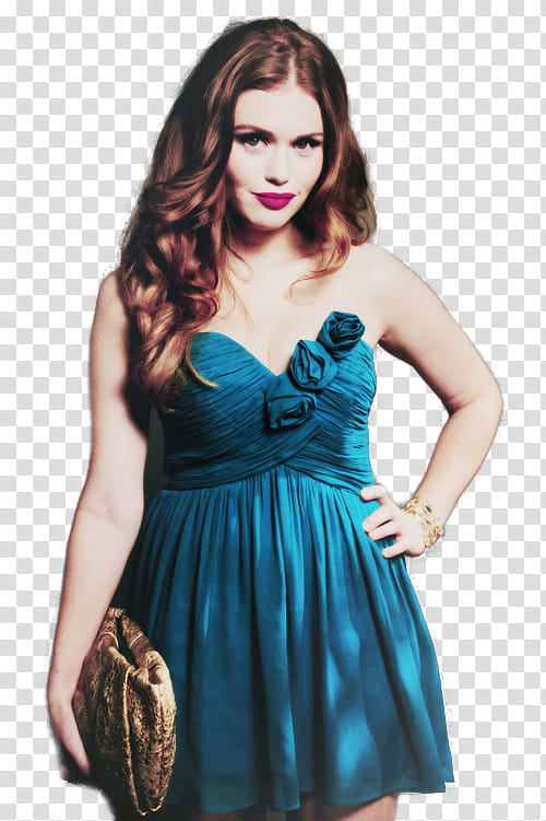 Holland Roden, woman in teal sweetheart neckline minidress transparent background PNG clipart