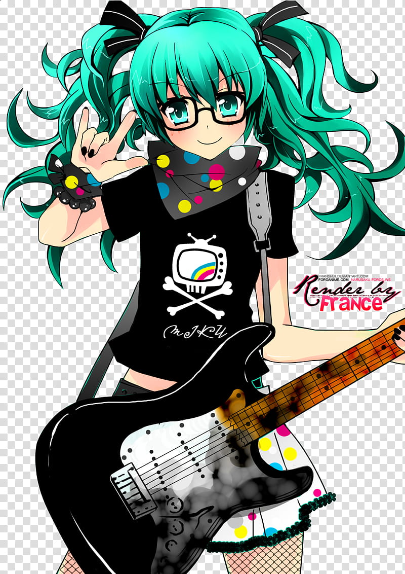 Renders, green-haired female anime rock star character transparent background PNG clipart