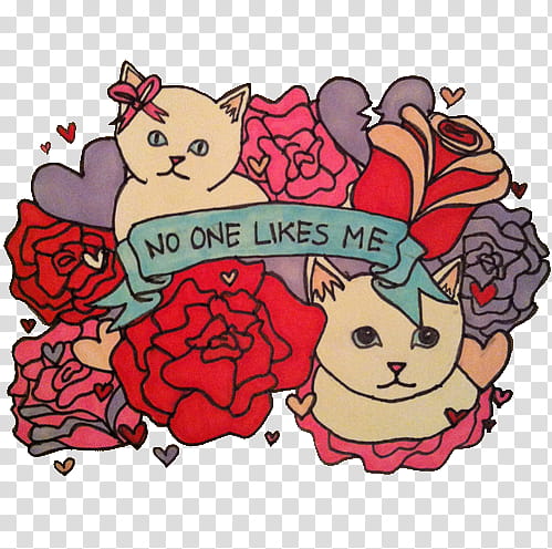 cat and red rose flowers with no one likes me text transparent background PNG clipart