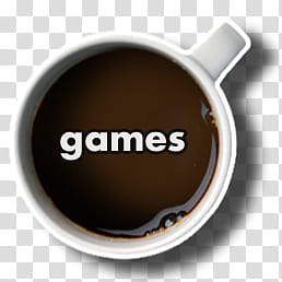 CoffeePause dock icons, coffee games, white mug with games text overlay transparent background PNG clipart