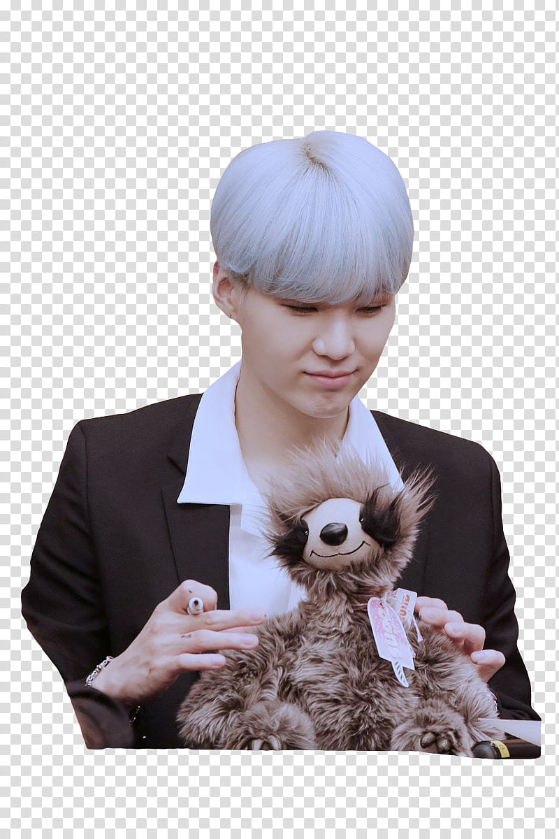 Suga BTS, man holding brown plush toy transparent background PNG clipart