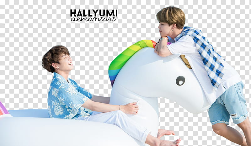 BTS, two BTS members on inflatable unicorn transparent background PNG clipart