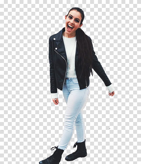 Lisa Cimorelli , woman wearing black leather zip-up jacket and blue denim jeans outfit transparent background PNG clipart