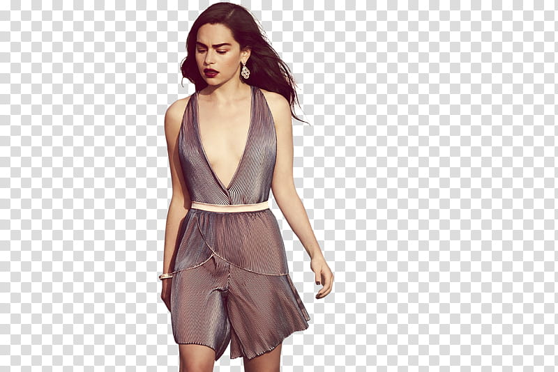 Emilia Clarke, woman in grey plunged-neck dress transparent background PNG clipart
