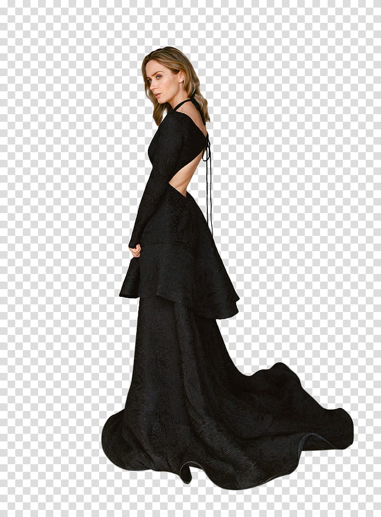 Emily Blunt, woman in black backless long dress transparent background PNG clipart