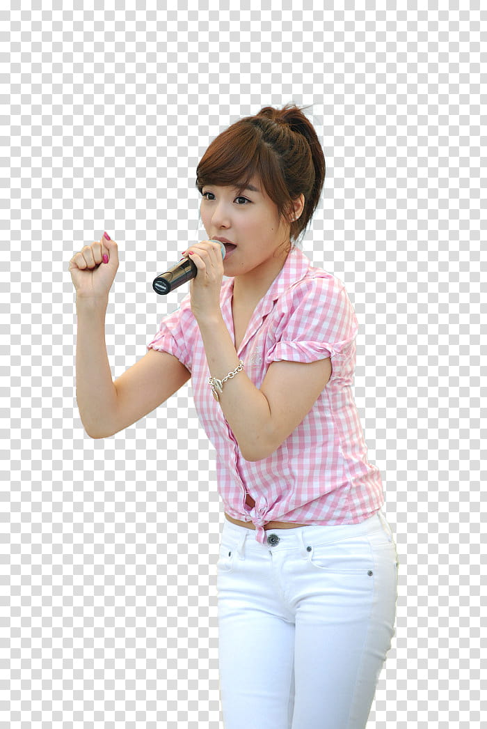 SNSD GEE LIVE  RENDER, women's white and pink gingham button up shirt and white jeans holding microphone and singing transparent background PNG clipart