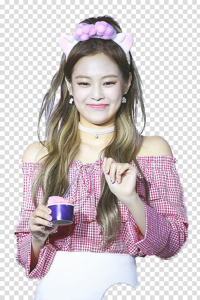 Jennie Kim wearing red and white checked off-shoulder long-sleeved blouse transparent background PNG clipart