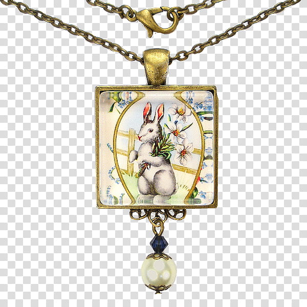 Vintage Bunny Jewelry s, rabbit holding flowers painted pendant necklace transparent background PNG clipart