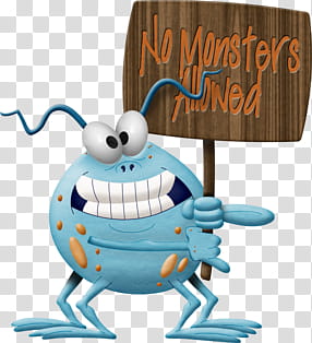 Elements, blue monster holding brown wooden sign with No Monsters Allowed text transparent background PNG clipart