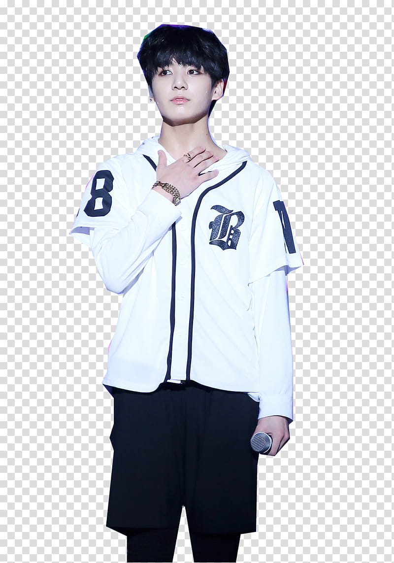 Jungkook, man in white jersey shirt standing and holding microphone transparent background PNG clipart