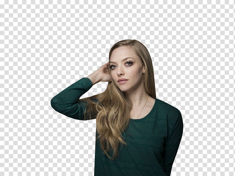 Amanda Seyfried , woman in green crew-neck sweater holding her hair transparent background PNG clipart