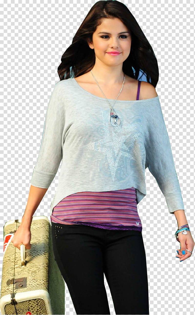 Selena Gomez , woman in blue sweater holding suit case transparent background PNG clipart