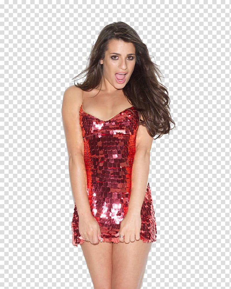 Lea Michele, woman in red glittered spaghetti strap mini dress transparent background PNG clipart