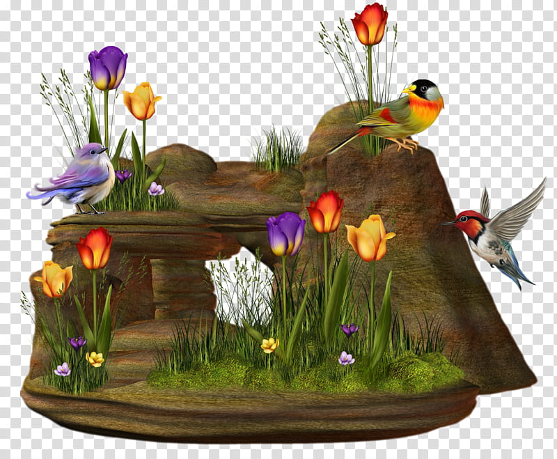 Fantasy Birds, three assorted-color birds and flowers illustration transparent background PNG clipart