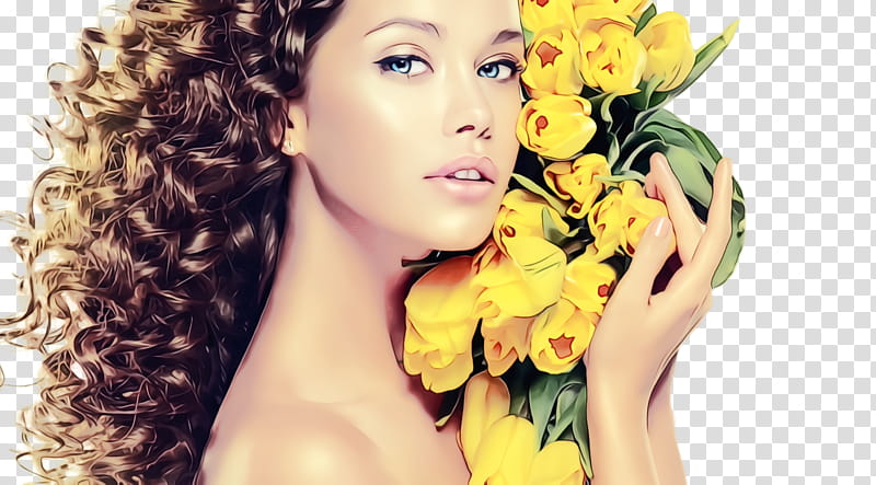 hair face skin beauty yellow, Watercolor, Paint, Wet Ink, Hairstyle, Lip, Long Hair, Flower transparent background PNG clipart