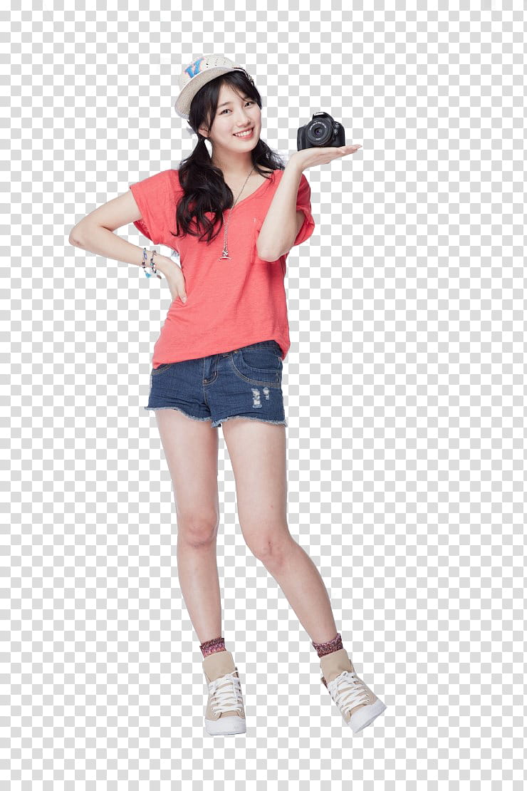 Miss A Suzy Render, woman standing with right arm akimbo and holding camera transparent background PNG clipart