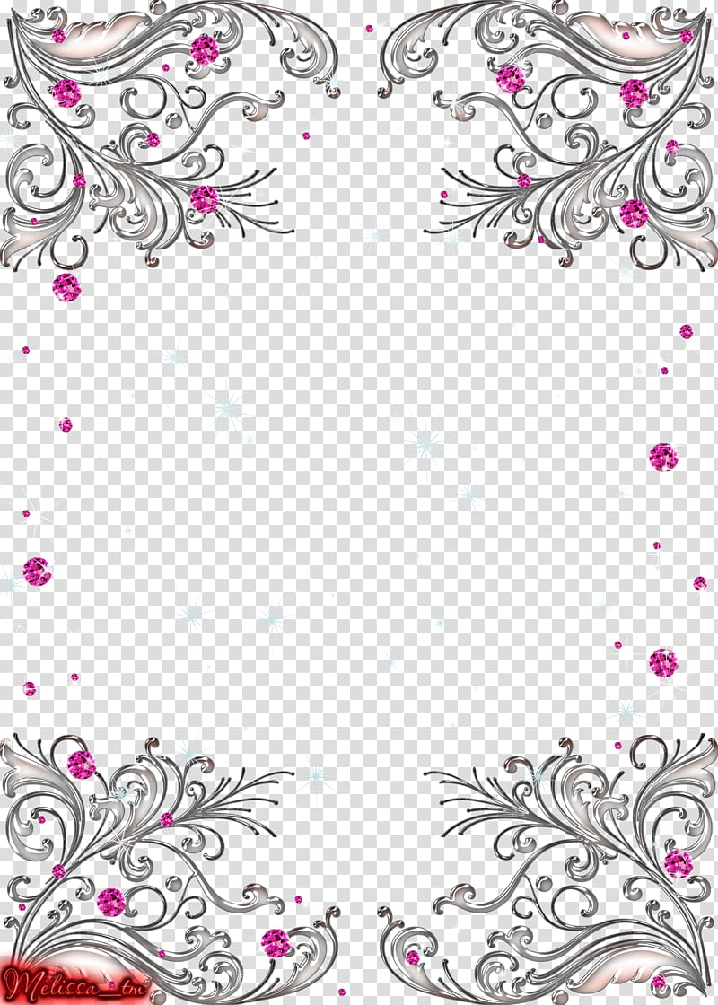 silver swirls and pink gems, black and white flower template transparent background PNG clipart