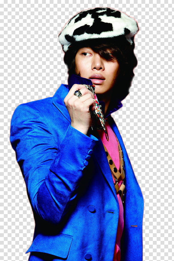 Super Junior , man in blue blazer and white and black hat transparent background PNG clipart