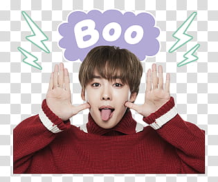 WINNER Line, man wearing red sweater showing boo sign transparent background PNG clipart