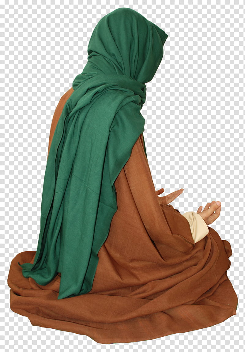 Arab old style clothes , woman in green hijab and brown dress praying transparent background PNG clipart