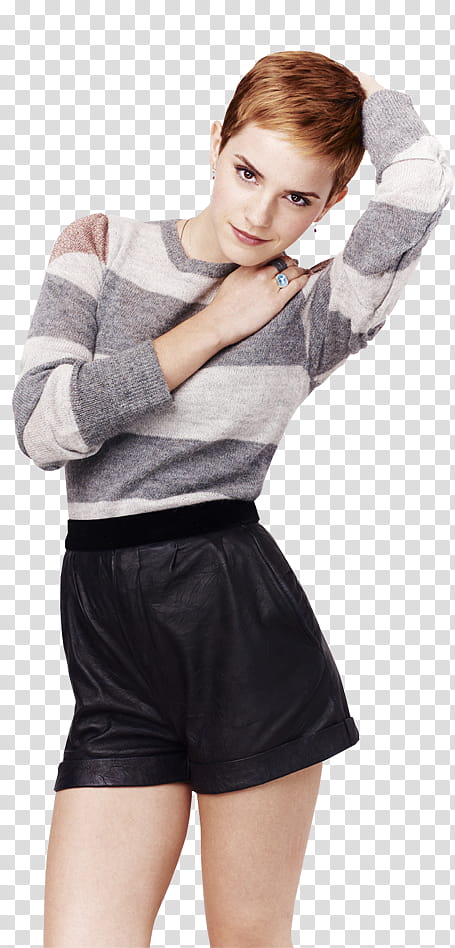 Emma Watson, woman wearing gray long-sleeved top and black short shorts transparent background PNG clipart