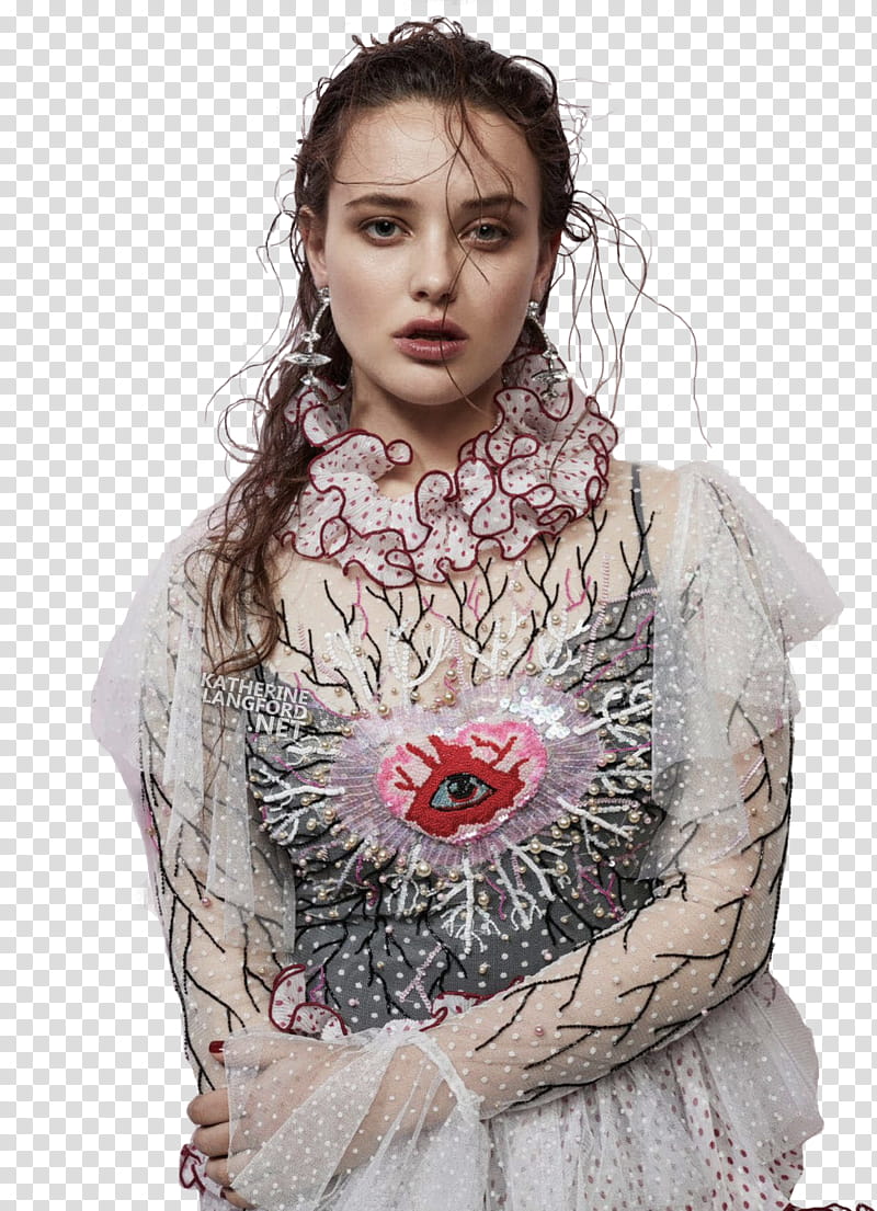 Katherine Langford, woman wearing black and white tulle long-sleeved top transparent background PNG clipart