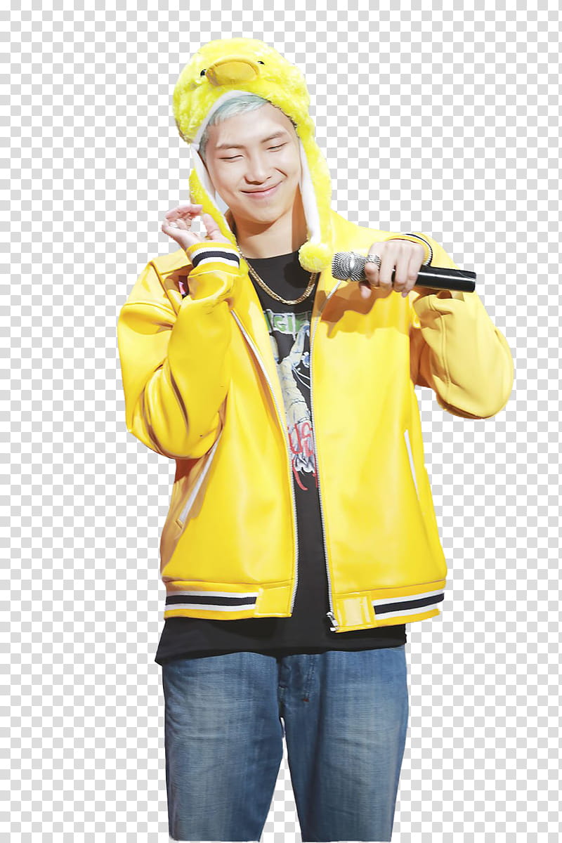 smiling Kim Namjoon wearing yellow jacket standing and holding microphone transparent background PNG clipart