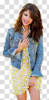 Varia, Selena Gomez in floral dress and blue denim jacket transparent background PNG clipart