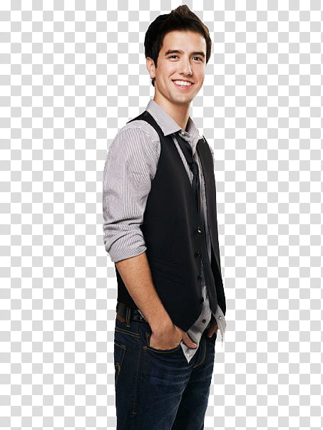 Logan Henderson, smiling man wearing gray and black long-sleeved shirt both hands in pocket transparent background PNG clipart