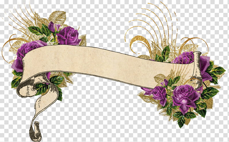 Purple and Gold Vintage Floral Banner, purple-petaled flower illustration transparent background PNG clipart