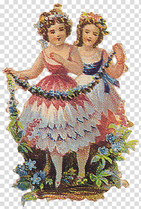 To My Dear Friends s, girl's in red and blue dresses holding garland transparent background PNG clipart