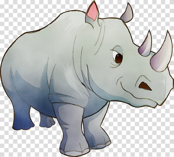 rhinoceros black rhinoceros cartoon animal figure white rhinoceros, Watercolor, Paint, Wet Ink, Snout transparent background PNG clipart