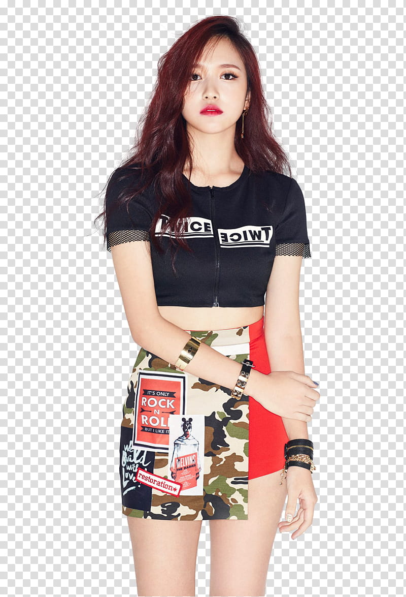 Twice OOH AHH teaser , standing Twice member wearing black crop top and multicolored skirt transparent background PNG clipart