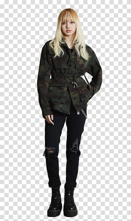 BLACKPINK Lisa nonagon, woman wearing camouflage denim jacket transparent background PNG clipart
