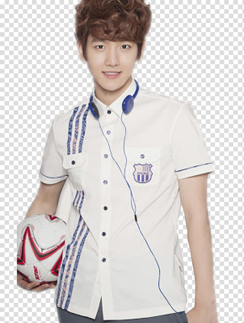 EXO Baekhyun, man holding white and red soccer ball transparent background PNG clipart