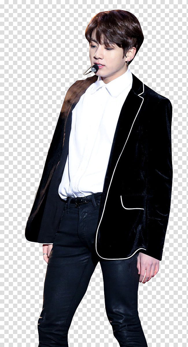 JUNGKOOK BTS , standing EXO member with microphone wearing black blazer transparent background PNG clipart