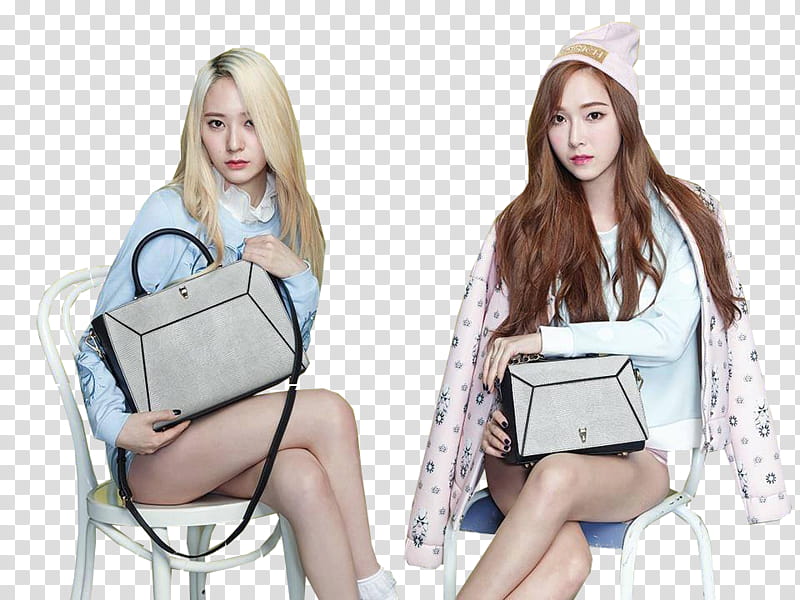 SNSD Jessica F x Krystal Lapalette, two women holding gray leather crossbody bags transparent background PNG clipart