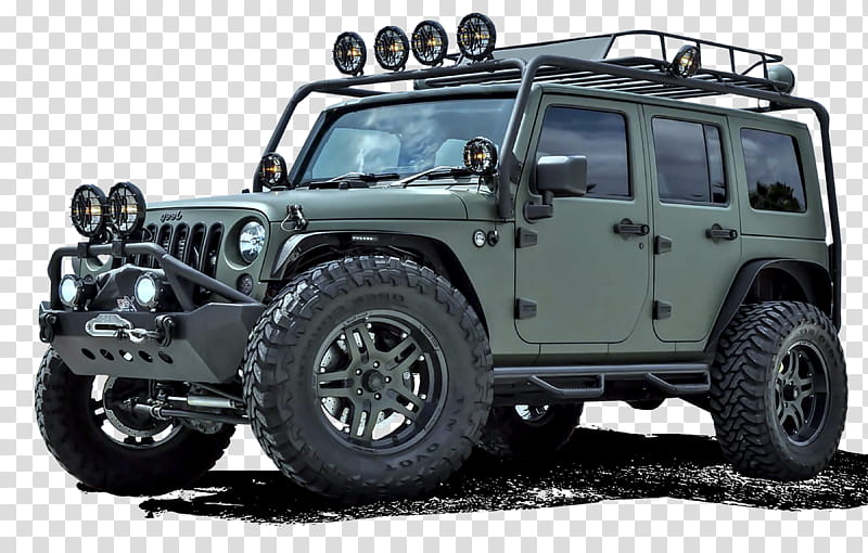 Military Jeep, green and black Jeep Wrangler transparent background PNG clipart