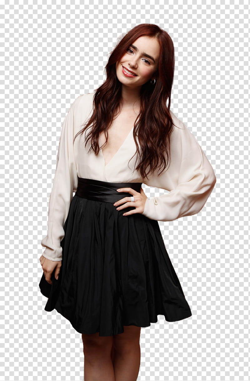 Lily Collins, woman standing while holding her waist transparent background PNG clipart