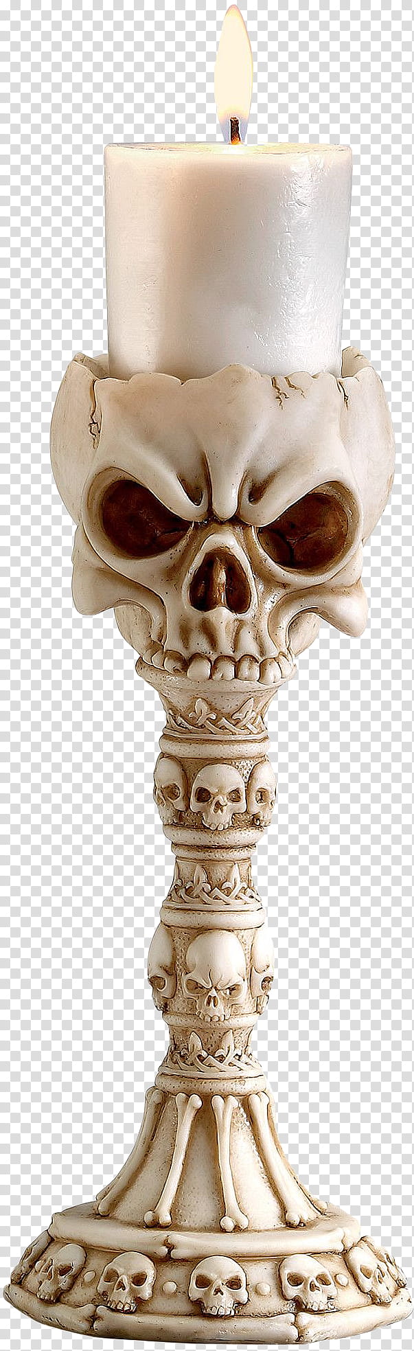 Dark Temper, lighted white pillar candle with white skull candle holder transparent background PNG clipart