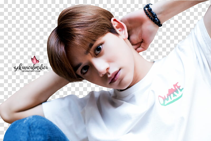 NCT Lucas Sweet Valentine Day, man resting hands at the back of his head transparent background PNG clipart