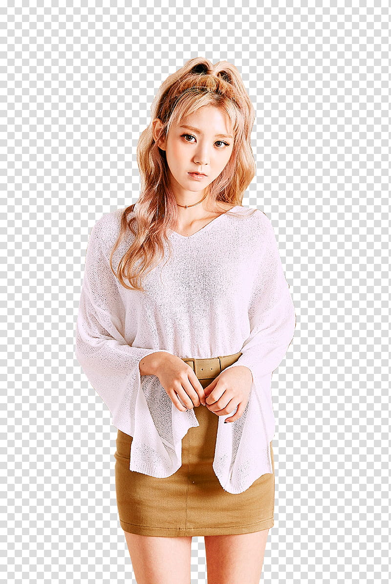 CHAE EUN, woman wearing white long-sleeved top and brown skirt transparent background PNG clipart