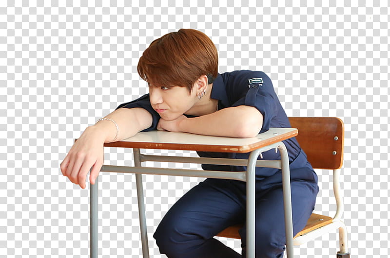 Jeon Jungkook, man sitting on beige and brown writing table transparent background PNG clipart