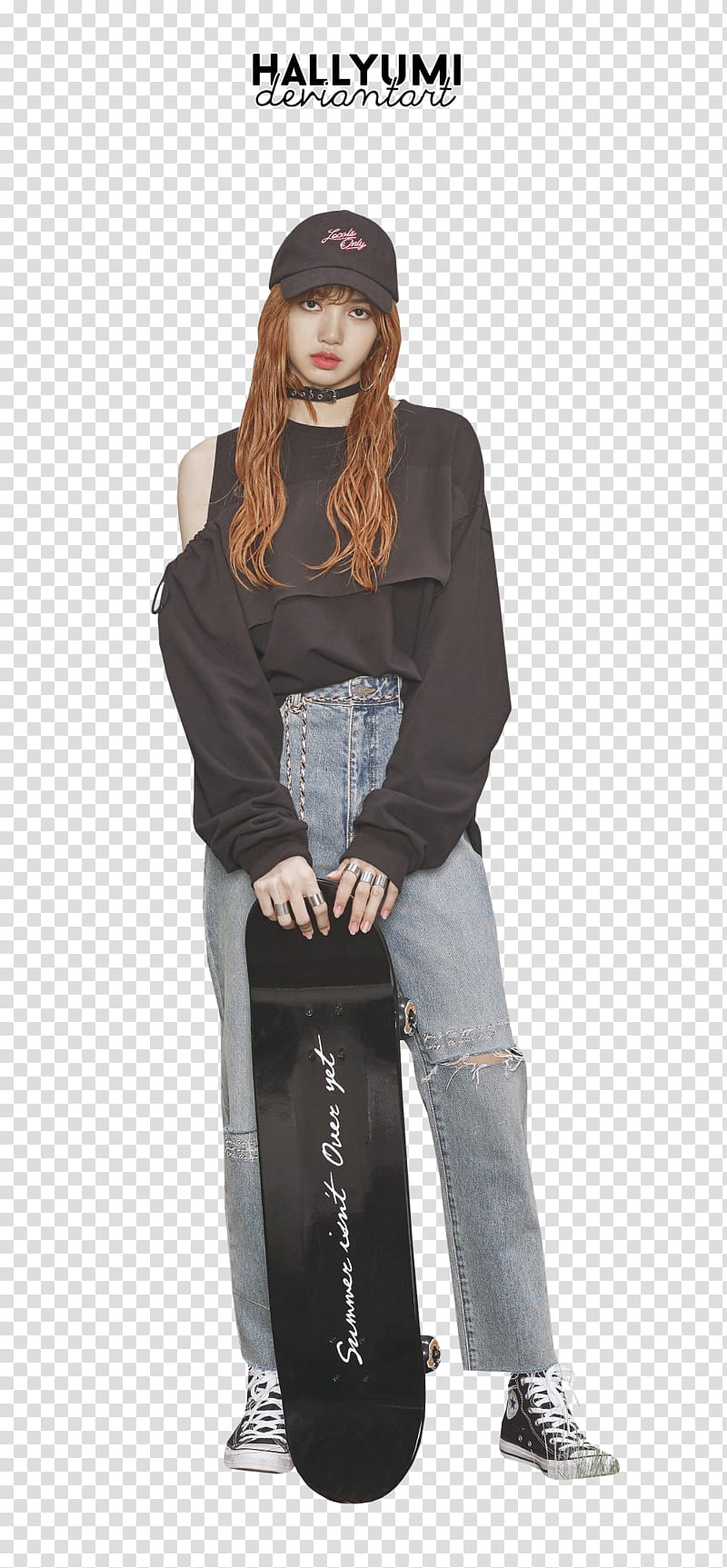 Lisa, Blackpink member standing while holding black skateboard transparent background PNG clipart
